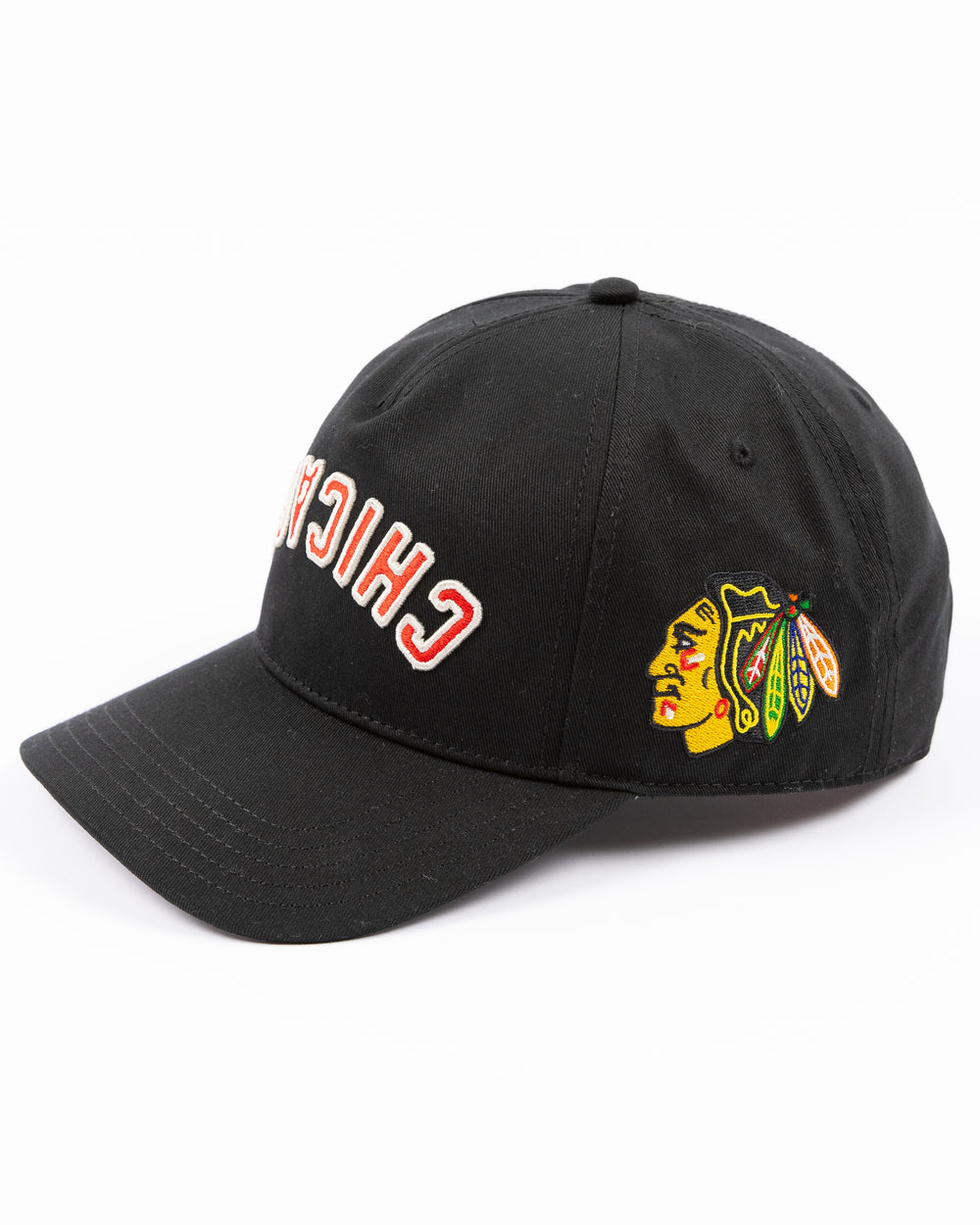 black American Needle adjustable Roscoe hat with upside down Chicago wordmark embroidered on front and Chicago Blackhawks primary logo embroidered on left side - left angle lay flat