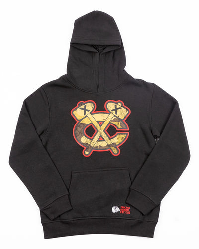 black youth sized hoodie with Chicago Blackhawks secondary mark in camo colorway on front - front lay flat