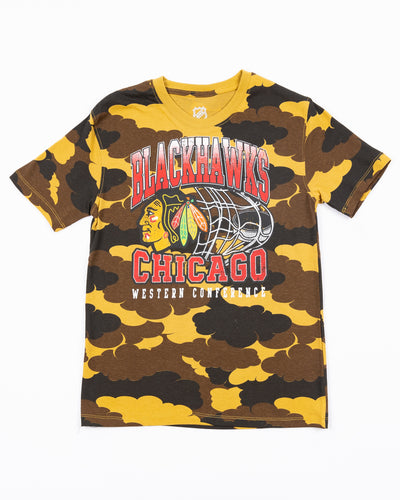 youth camo short sleeve tee with Chicago Blackhawks wordmark and primary logo graphic across front - front lay flat