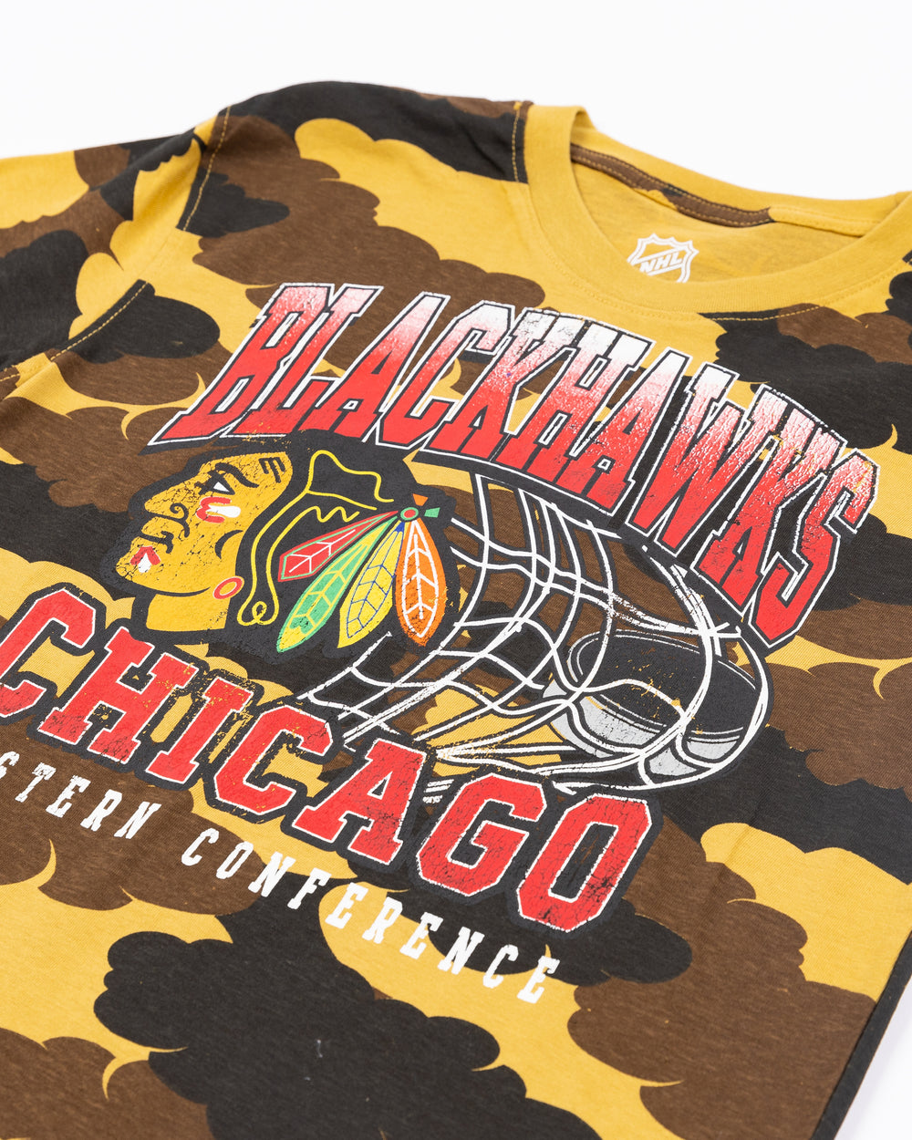 youth camo short sleeve tee with Chicago Blackhawks wordmark and primary logo graphic across front - detail lay flat