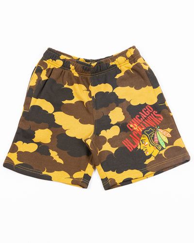 youth camo shorts with Chicago Blackhawks wordmark and primary logo graphic on left leg - front lay flat