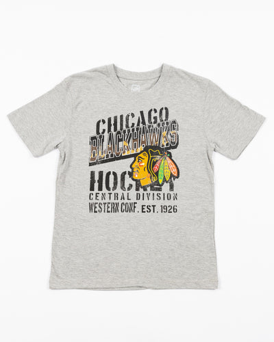 grey youth short sleeve tee with Chicago Blackhawks camo wordmark and primary logo graphic on front - front lay flat