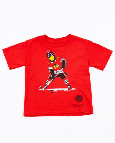 red Mitchell & Ness toddler short sleeve tee with Chicago Blackhawks mascot Tommy Hawk on front - front lay flat