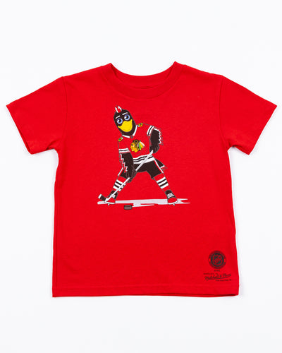 red Mitchell & Ness kids short sleeve tee with Chicago Blackhawks mascot Tommy Hawk on front - front lay flat