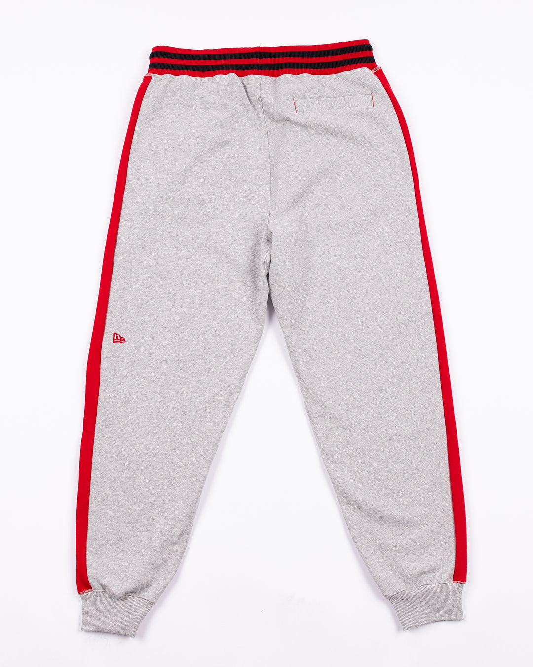 grey New Era sweatpants with embroidered Chicago Blackhawks logos and 26 on left leg - back lay flat