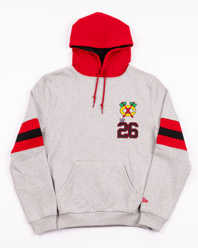 grey and red New Era hoodie with embroidered Chicago Blackhawks secondary logo and 26 on left chest - front lay flat