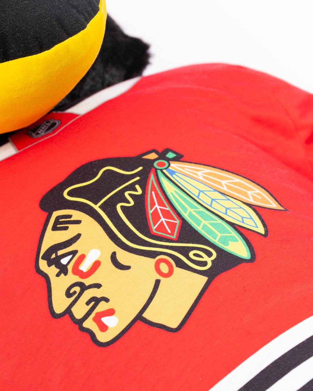 35 inch Chicago Blackhawks mascot Tommy Hawk plush - jersey detail lay flat