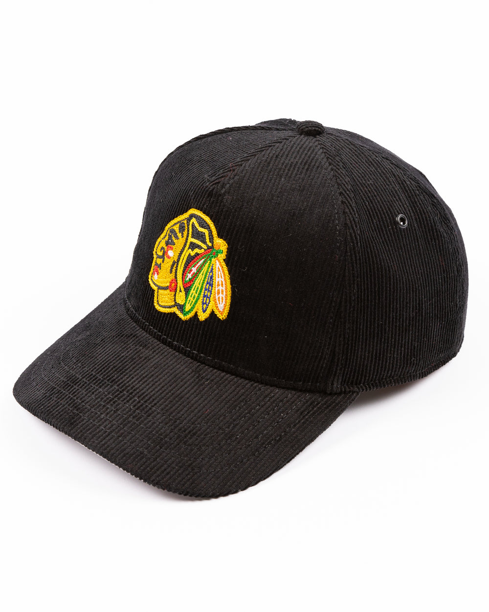 black corduroy snapback hat with chain stitch Chicago Blackhawks primary logo on front - left angle lay flat