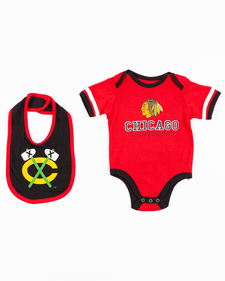 Colosseum infant Chicago Blackhawks onesie and bib set - front lay flat together