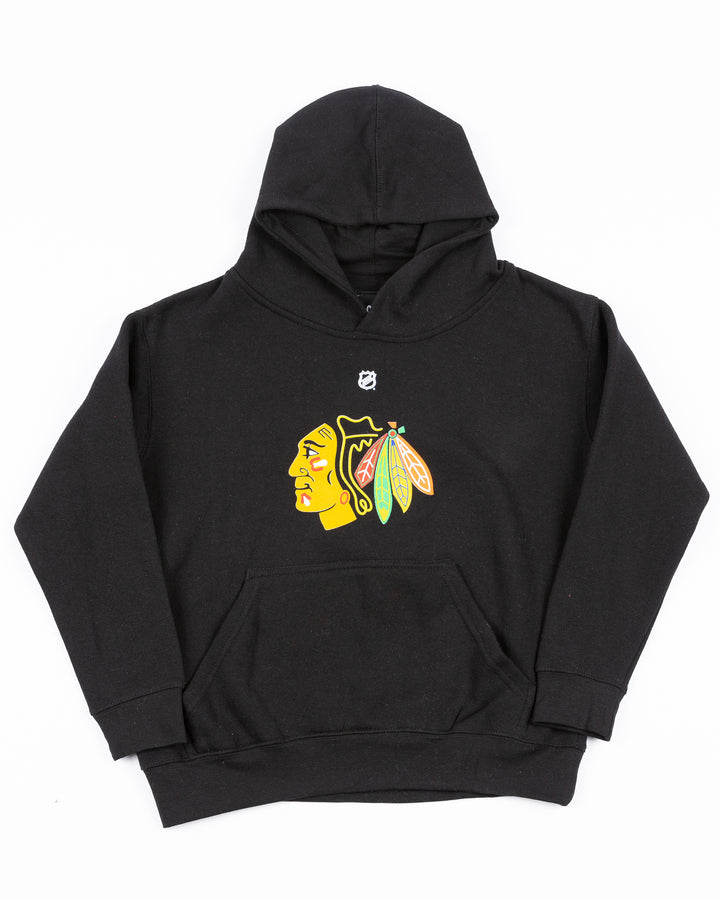 youth black hoodie with Connor Bedard name and number on back and Chicago Blackhawks primary logo on front - front lay flat