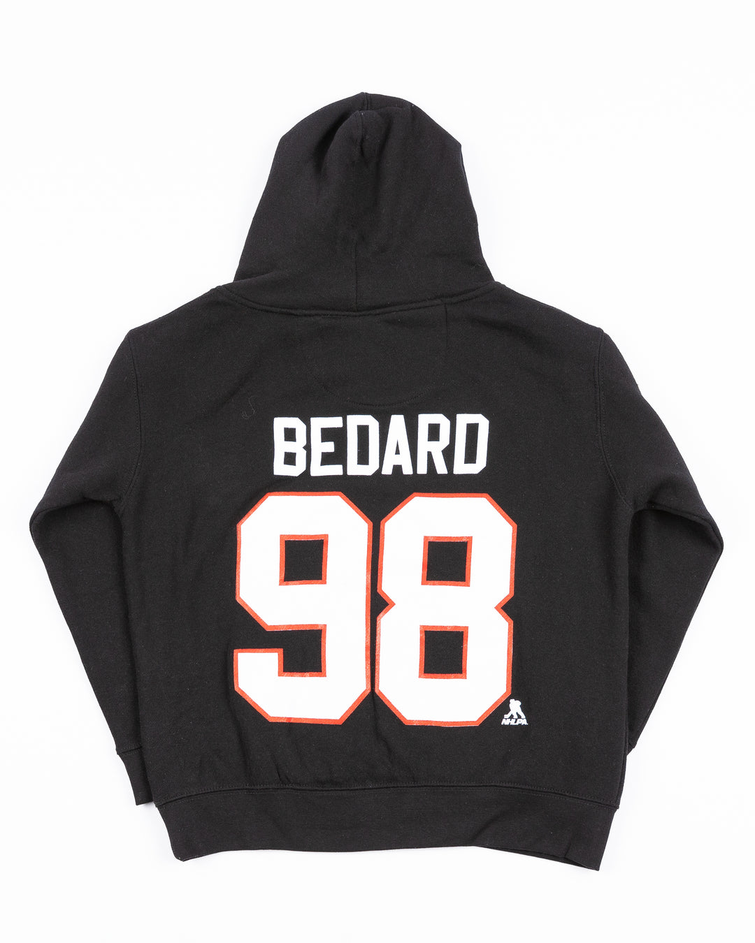 youth black hoodie with Connor Bedard name and number on back and Chicago Blackhawks primary logo on front - back lay flat