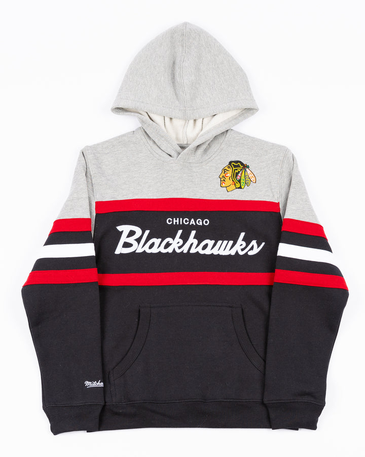 grey black and red youth Mitchell & Ness hoodie with Chicago Blackhawks wordmark logo and primary logo on front - front lay flat