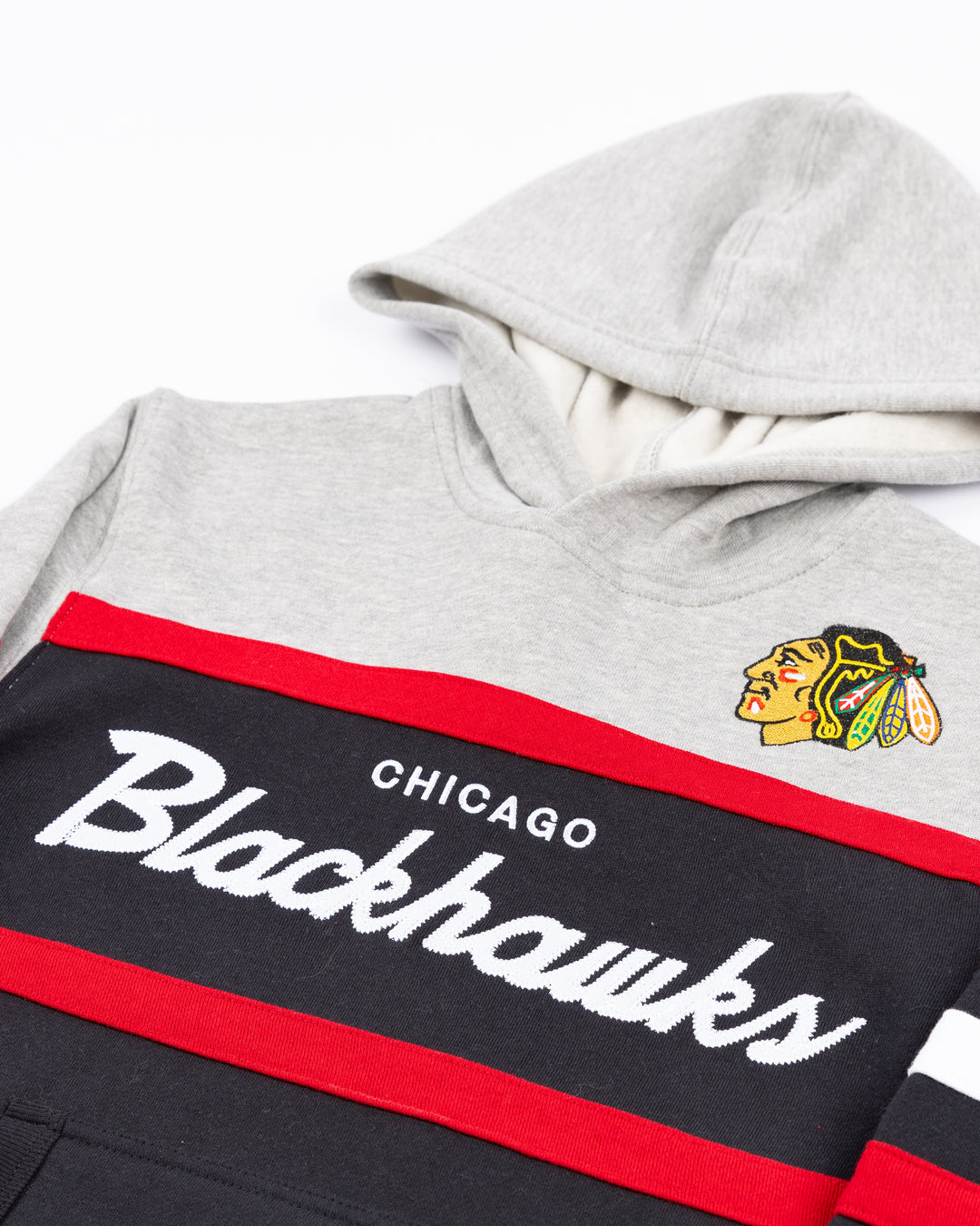 grey black and red youth Mitchell & Ness hoodie with Chicago Blackhawks wordmark logo and primary logo on front - detail lay flat