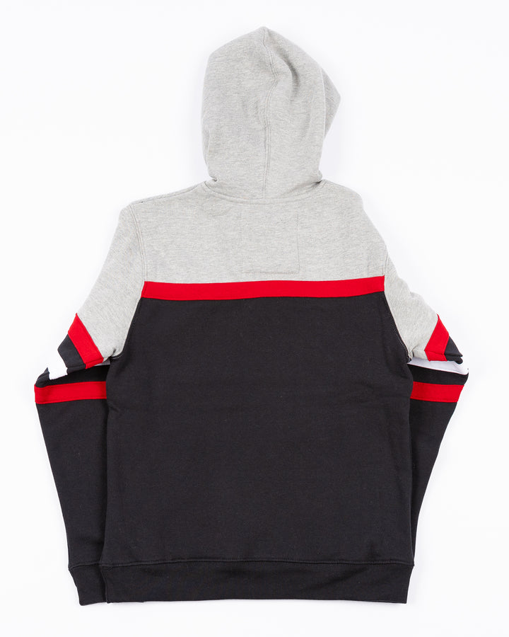 grey black and red youth Mitchell & Ness hoodie with Chicago Blackhawks wordmark logo and primary logo on front - back lay flat