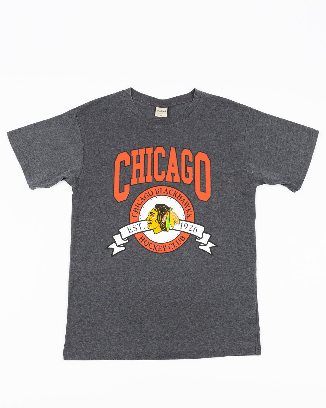 grey chicka-d tee with varsity-inspired Chicago wordmark and primary logo across front - front lay flat