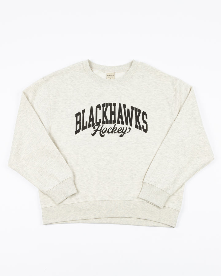 ash grey chicka-d ladies crewneck sweatshirt with Chicago Blackhawks script wordmark on front - front lay flat