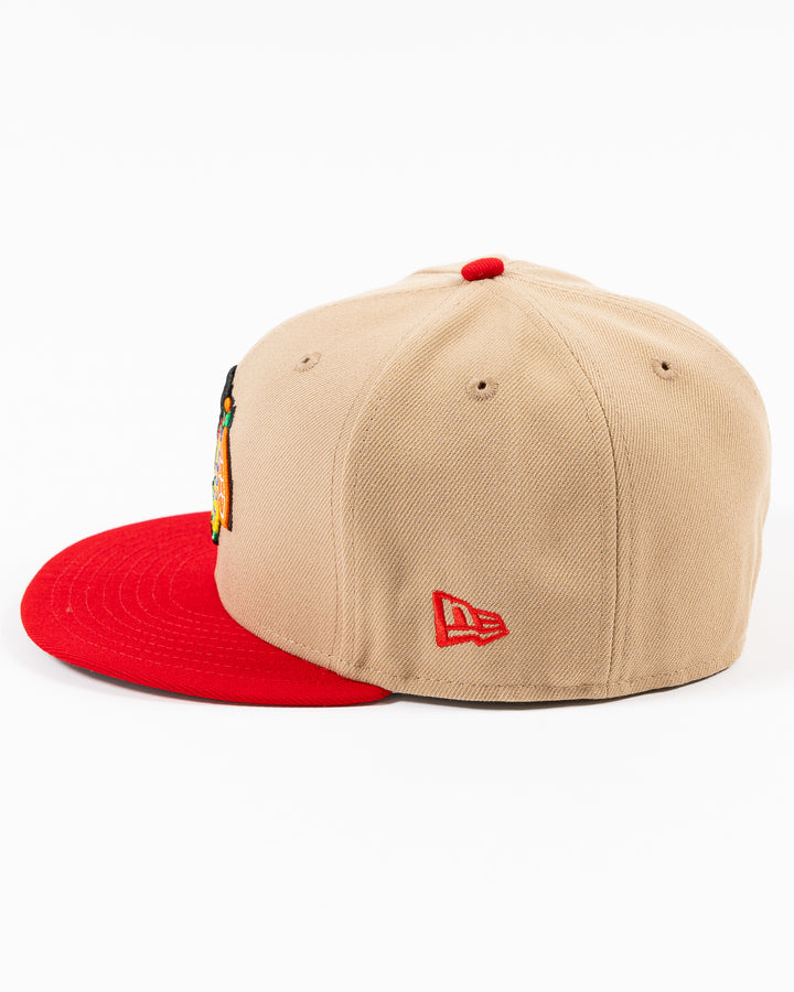 two tone camel and red New Era fitted cap with Chicago Blackhawks primary logo on front - left side lay flat