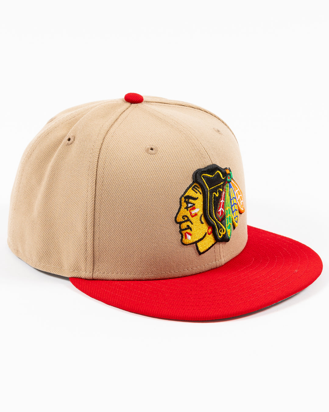 two tone camel and red New Era fitted cap with Chicago Blackhawks primary logo on front - right angle lay flat