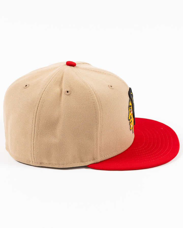 two tone camel and red New Era fitted cap with Chicago Blackhawks primary logo on front - right side lay flat