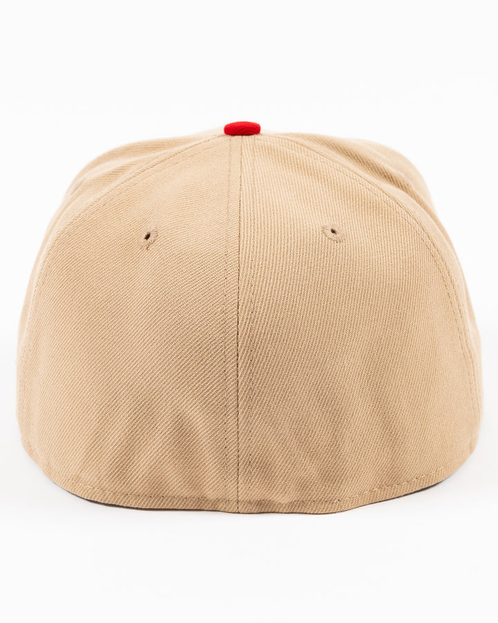 two tone camel and red New Era fitted cap with Chicago Blackhawks primary logo on front - back lay flat