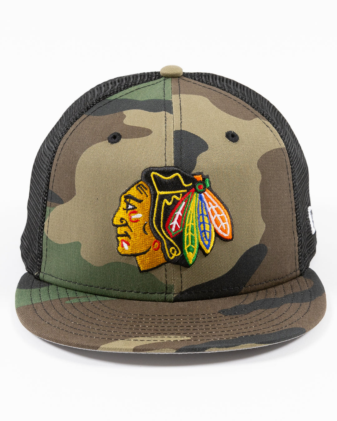 camo New Era 9FIFTY adjustable snapback cap with Chicago Blackhawks primary logo embroidered on front - front lay flat