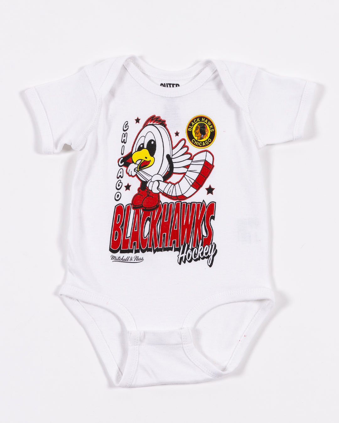 white Mitchell & Ness infant onesie with Chicago Blackhawks Tommy puck graphic across front - front lay flat