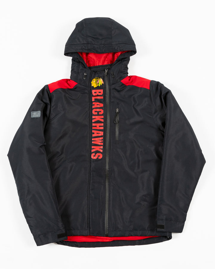 black full zip Colosseum jacket with hood with Chicago Blackhawks primary logo and wordmark at top of zipper detail - front lay flat