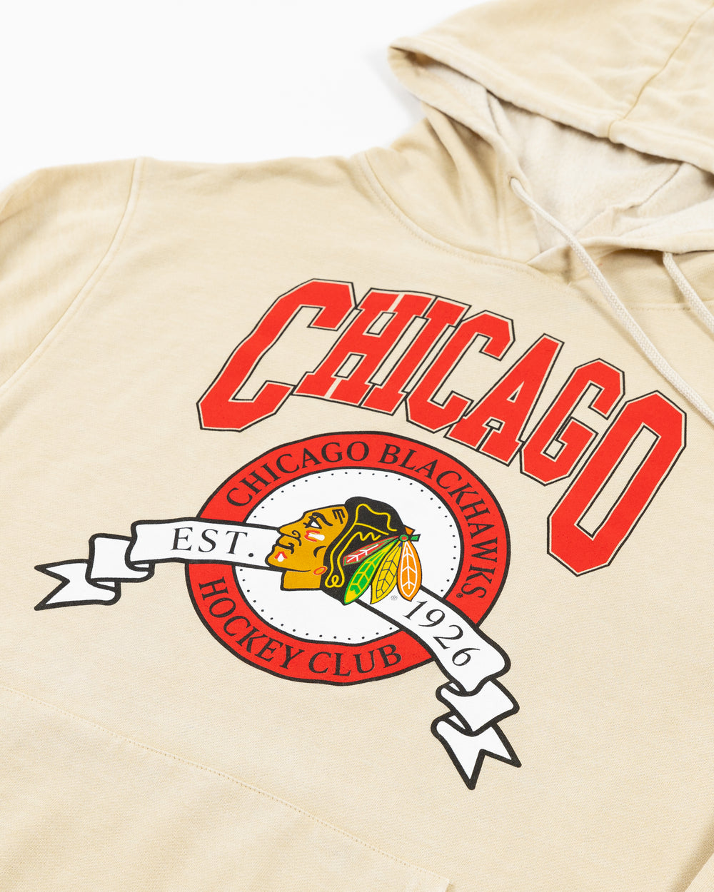 oatmeal chicka-d hoodie with Chicago Blackhawks primary logo and Chicago wordmark in collegiate inspired design - detail lay flat