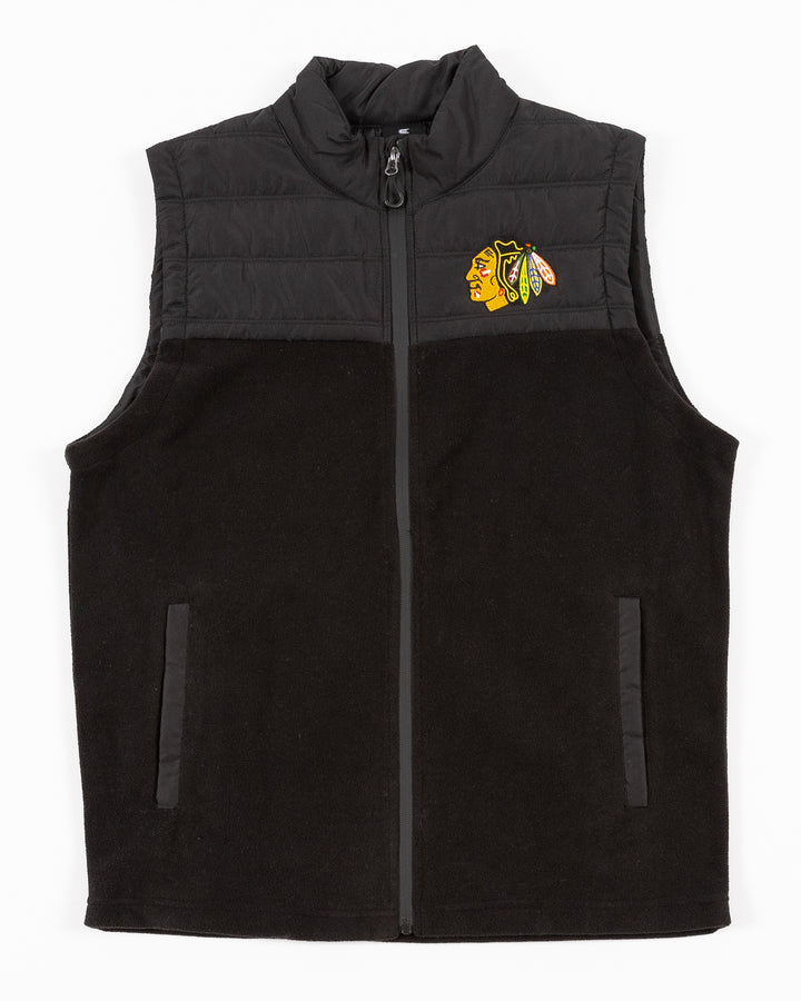 black Coloseum vest with embroidered Chicago Blackhawks primary logo on left chest - front lay flat