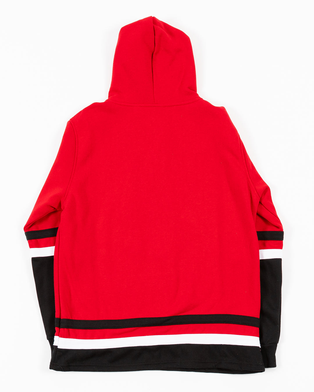 red Colosseum lace up hoodie inspired by hockey jersey with Chicago Blackhawks primary logo on front - back lay flat