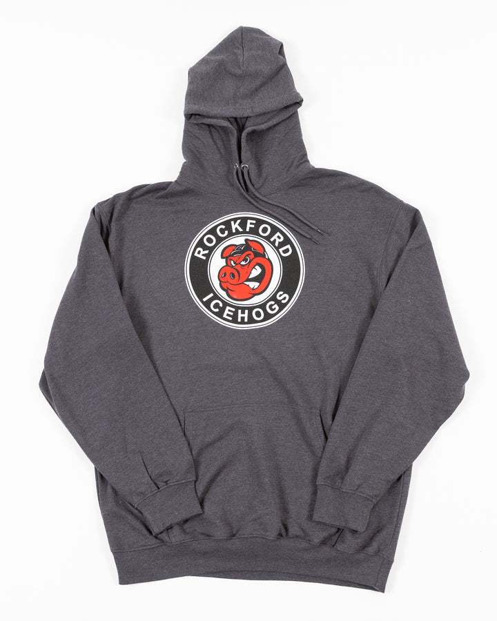 grey Rockford IceHogs hoodie with logo printed across front - front lay flat