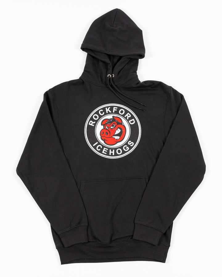 black Rockford IceHogs hoodie with logo across chest - front lay flat