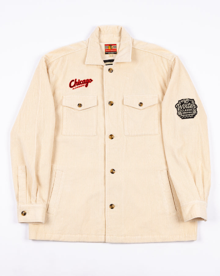 cream corduroy American Needle button up shirt with Chicago Blackhawks Winter Classic patches on right chest, left sleeve and back - front lay flat