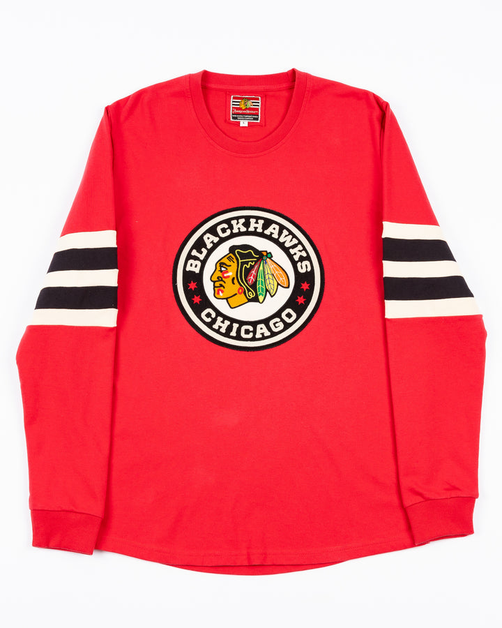 American Needle red long sleeve tee with Chicago Blackhawks Winter Classic logo embroidered on front and striping on sleeves - front lay flat