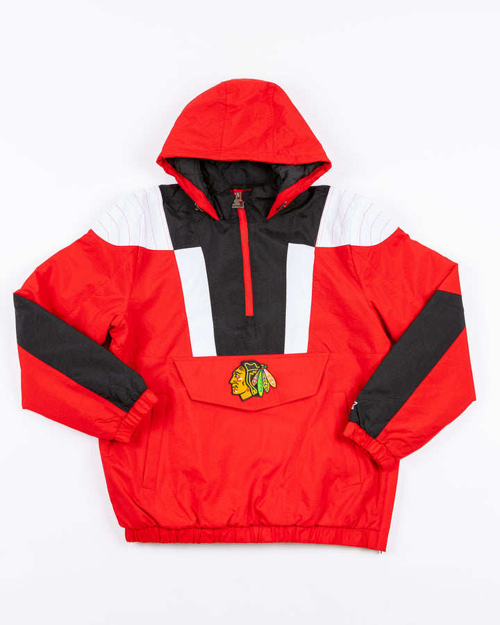 color blocked red, black and white half zip Starter jacket with hood with Chicago Blackhawks primary logo adorning front pocket and back - front lay flat