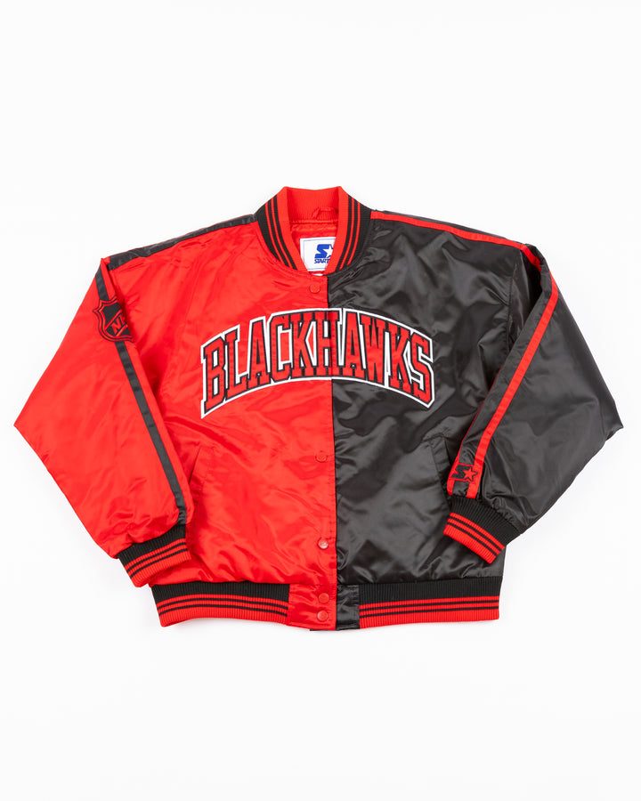 two tone red and black women's Starter jacket with Blackhawks wordmark on front and Chicago wordmark on back with Chicago Blackhawks primary logo - front lay flat