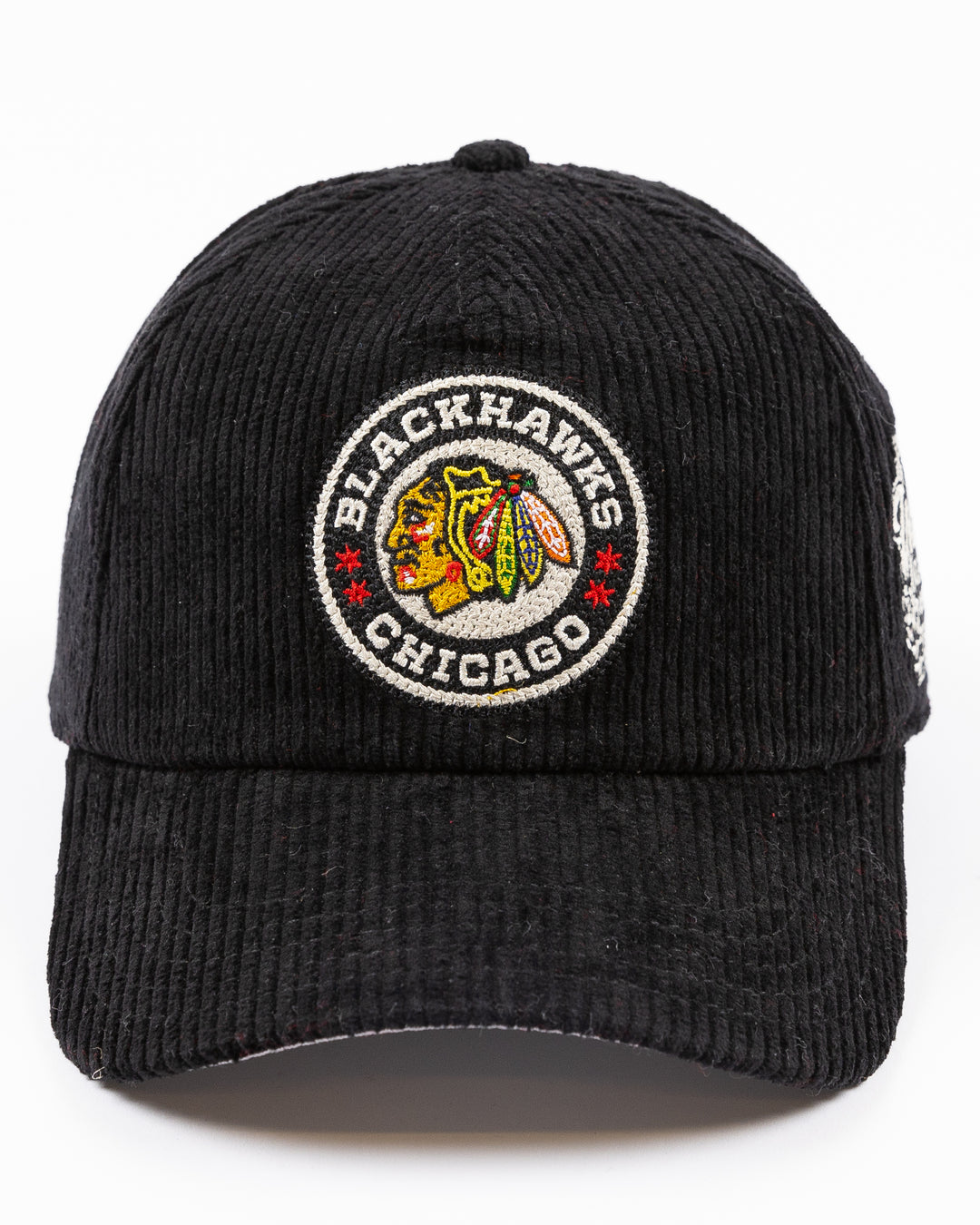 black corduroy American Needle snapback cap with Chicago Blackhawks Winter Classic logo on front and NHL Winter Classic logo on left side - front lay flat