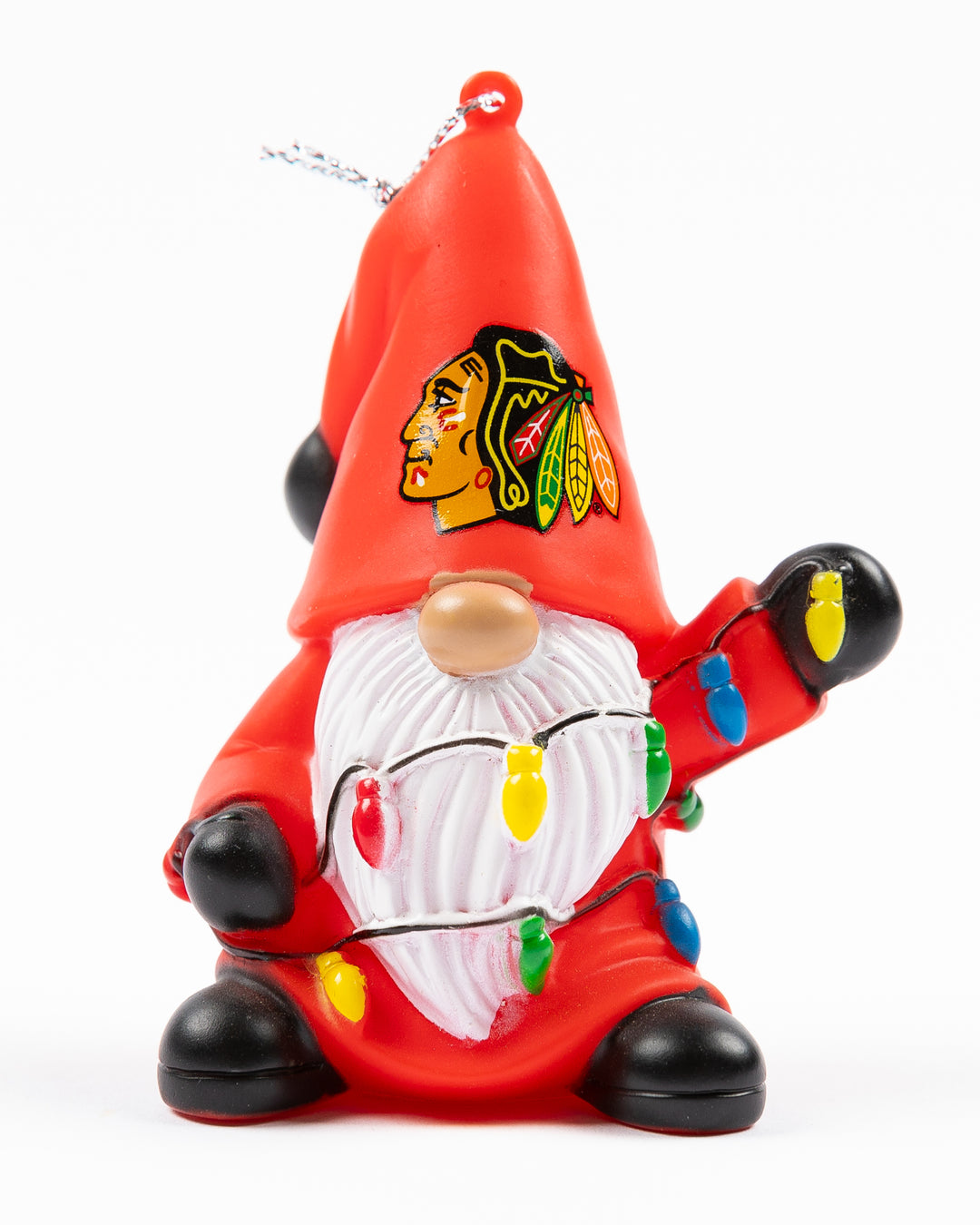 gnome with Chicago Blackhawks primary logo on hat holding holiday string lights ornament - front lay flat