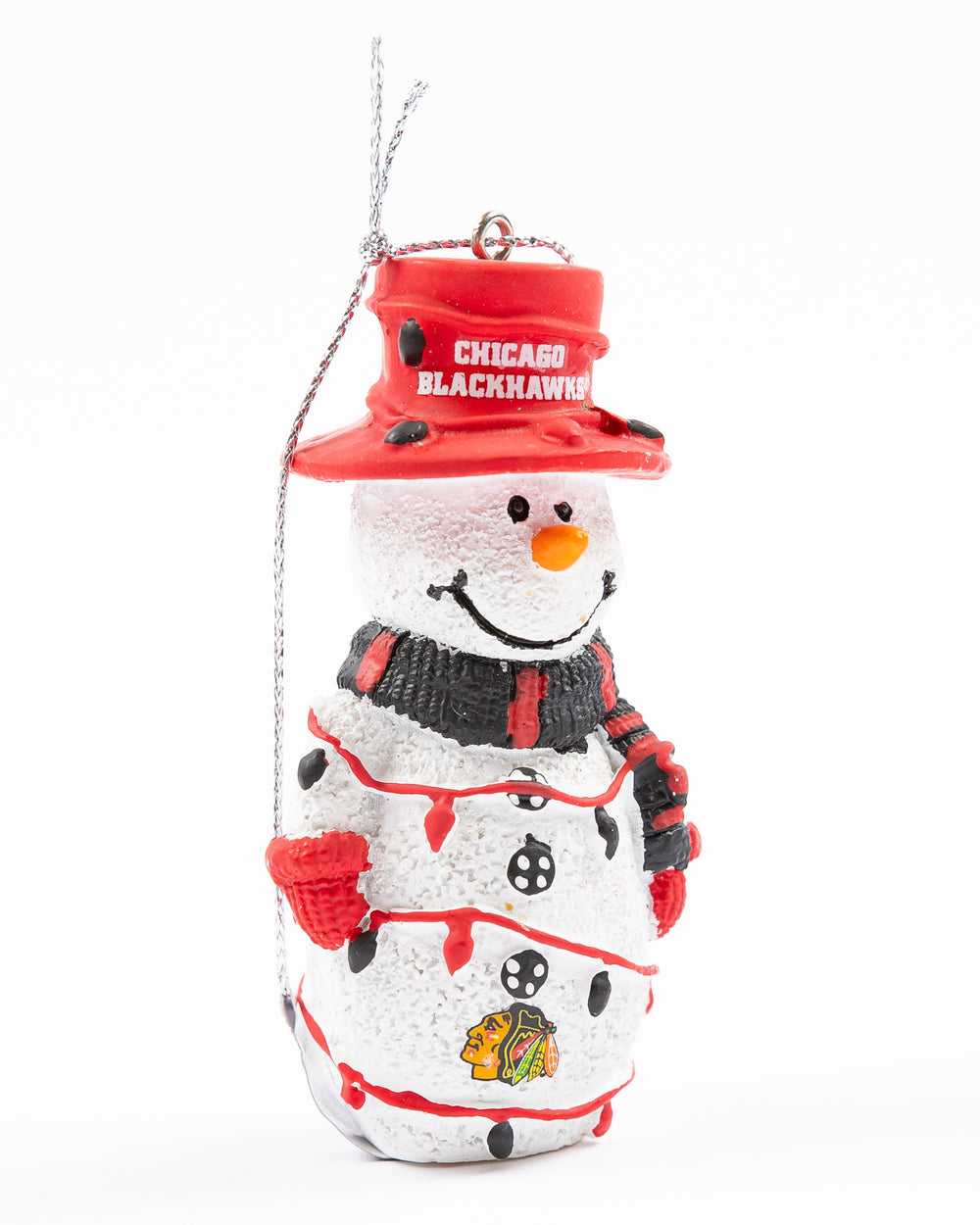 snowman ornament wearing top hat with Chicago Blackhawks wordmark and primary logo on bottom with string lights - right angle lay flat