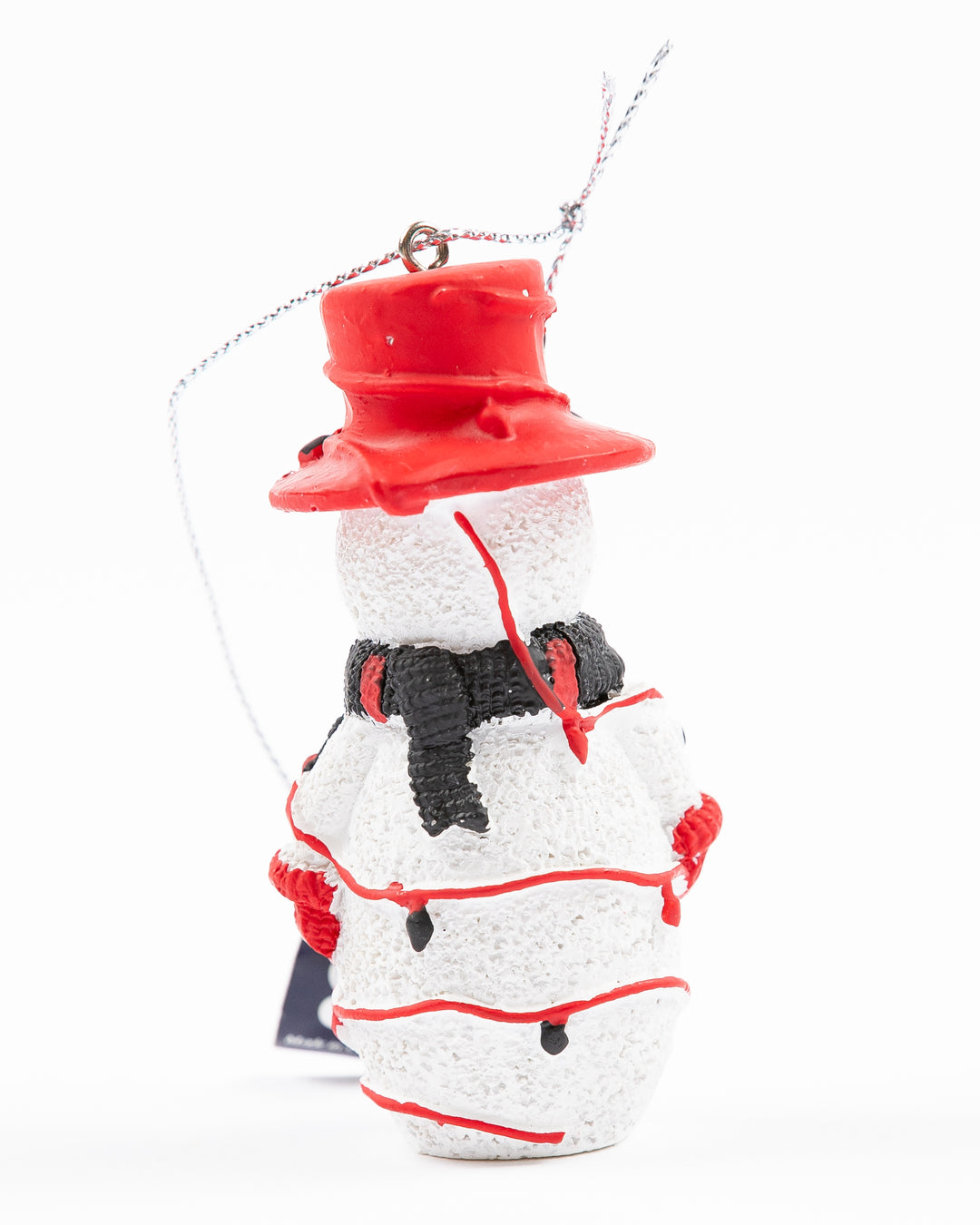 snowman ornament wearing top hat with Chicago Blackhawks wordmark and primary logo on bottom with string lights - back lay flat