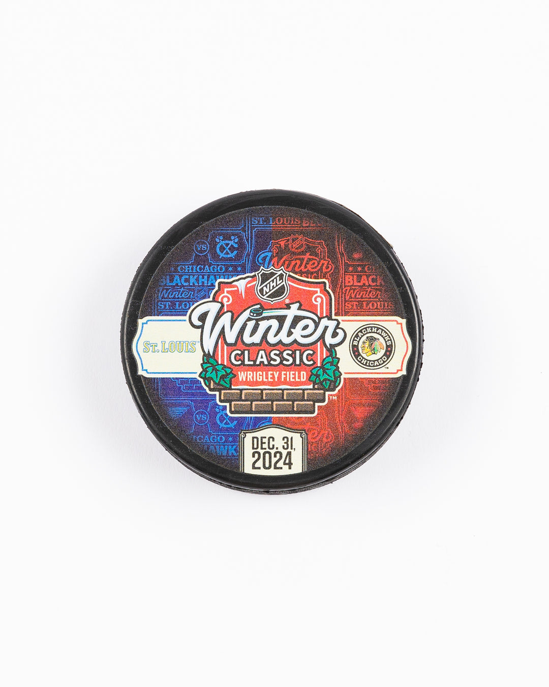 Mustang hockey puck with Winter Classic at Wrigley Field graphic on front against Chicago Blackhawks vs. St. Louis Blues - front lay flat