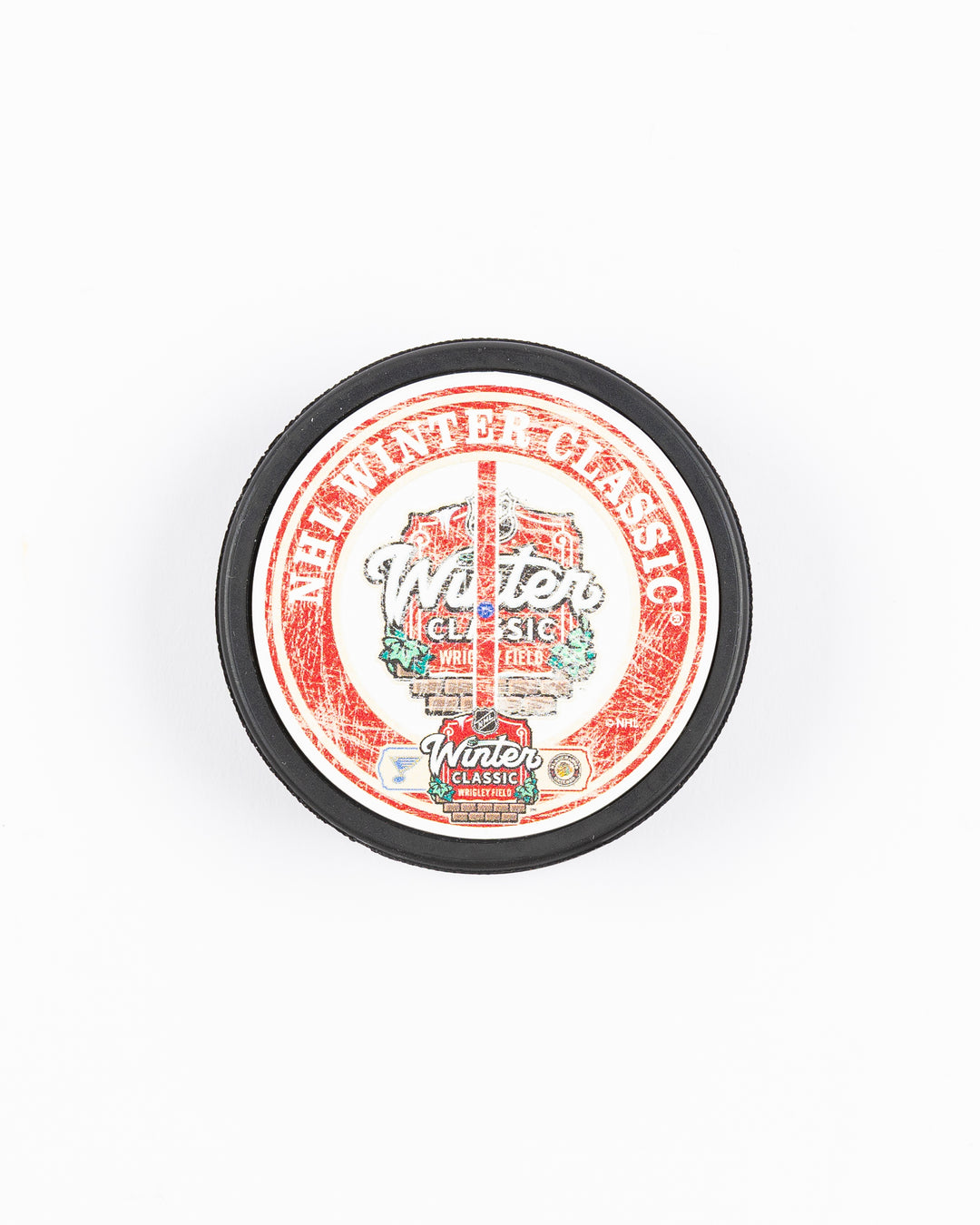 Mustang hockey puck with Chicago Blackhawks Winter Classic matchup against St. Louis used design on front - front lay flat