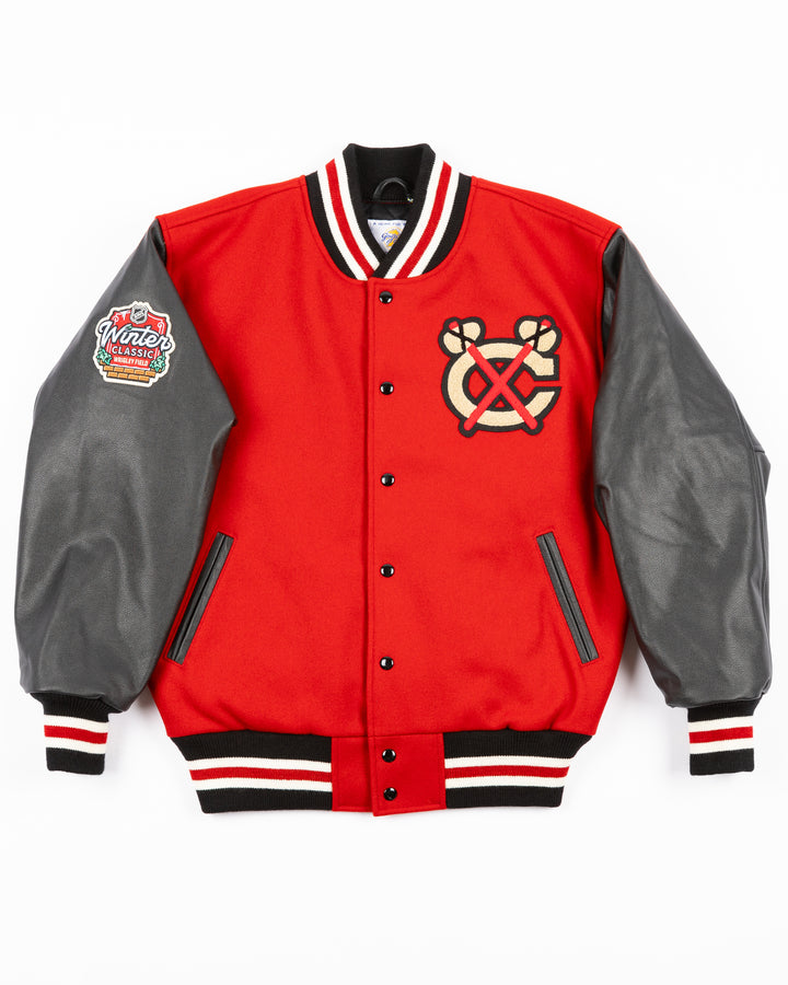 Golden Bear coaches jacket with leather sleeves and Chicago Blackhawks secondary logo on left chest, NHL Winter Classic logo on right sleeve and Chicago Blackhawks Winter Classic logo on back - front lay flat