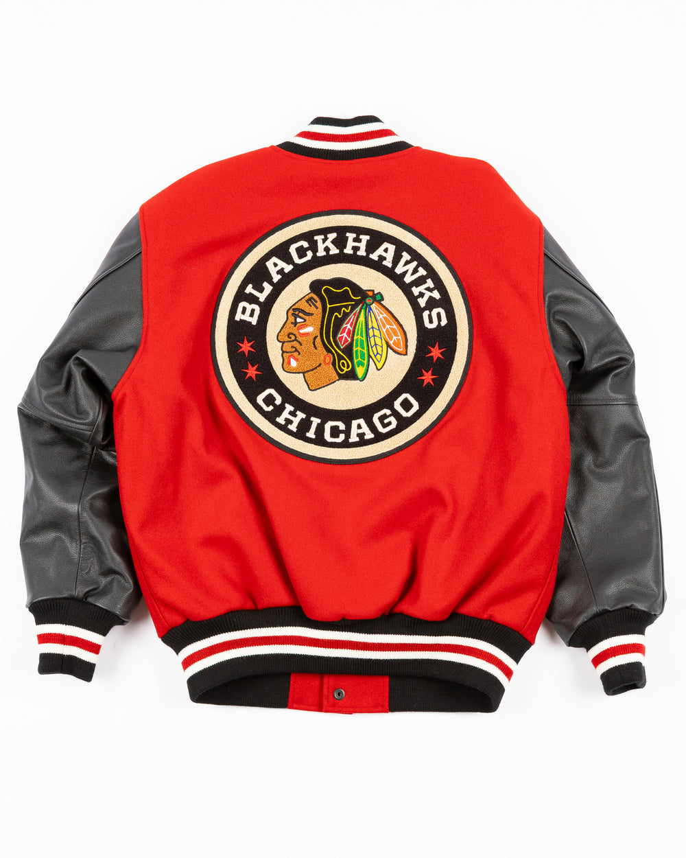 Golden Bear coaches jacket with leather sleeves and Chicago Blackhawks secondary logo on left chest, NHL Winter Classic logo on right sleeve and Chicago Blackhawks Winter Classic logo on back - back lay flat