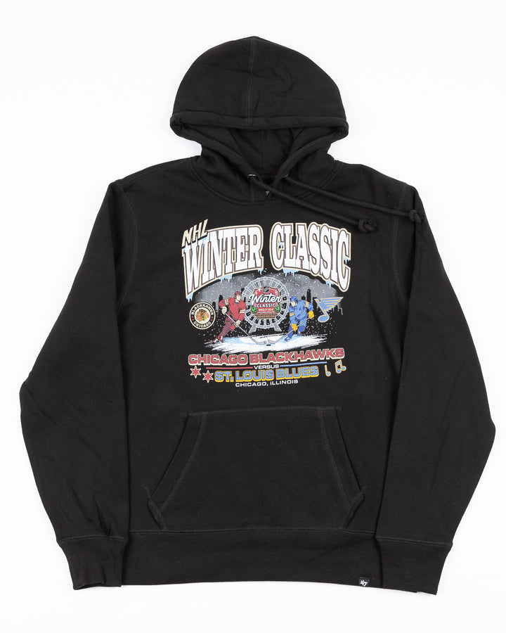 black '47 brand hoodie with NHL Winter Classic Chicago Blackhawks vs. St. Louis Blues player graphic on front - front lay flat