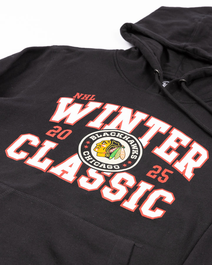 black '47 brand hoodie with 2025 Winter Classic Chicago Blackhawks wordmark and logo on front - front detail lay flat