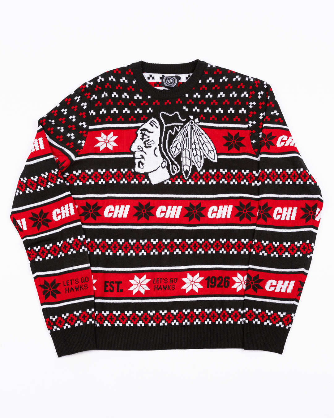 red black and white ugly Christmas sweater with Chicago Blackhawks design throughout - front lay flat