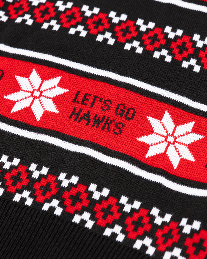 red black and white ugly Christmas sweater with Chicago Blackhawks design throughout - front detail lay flat