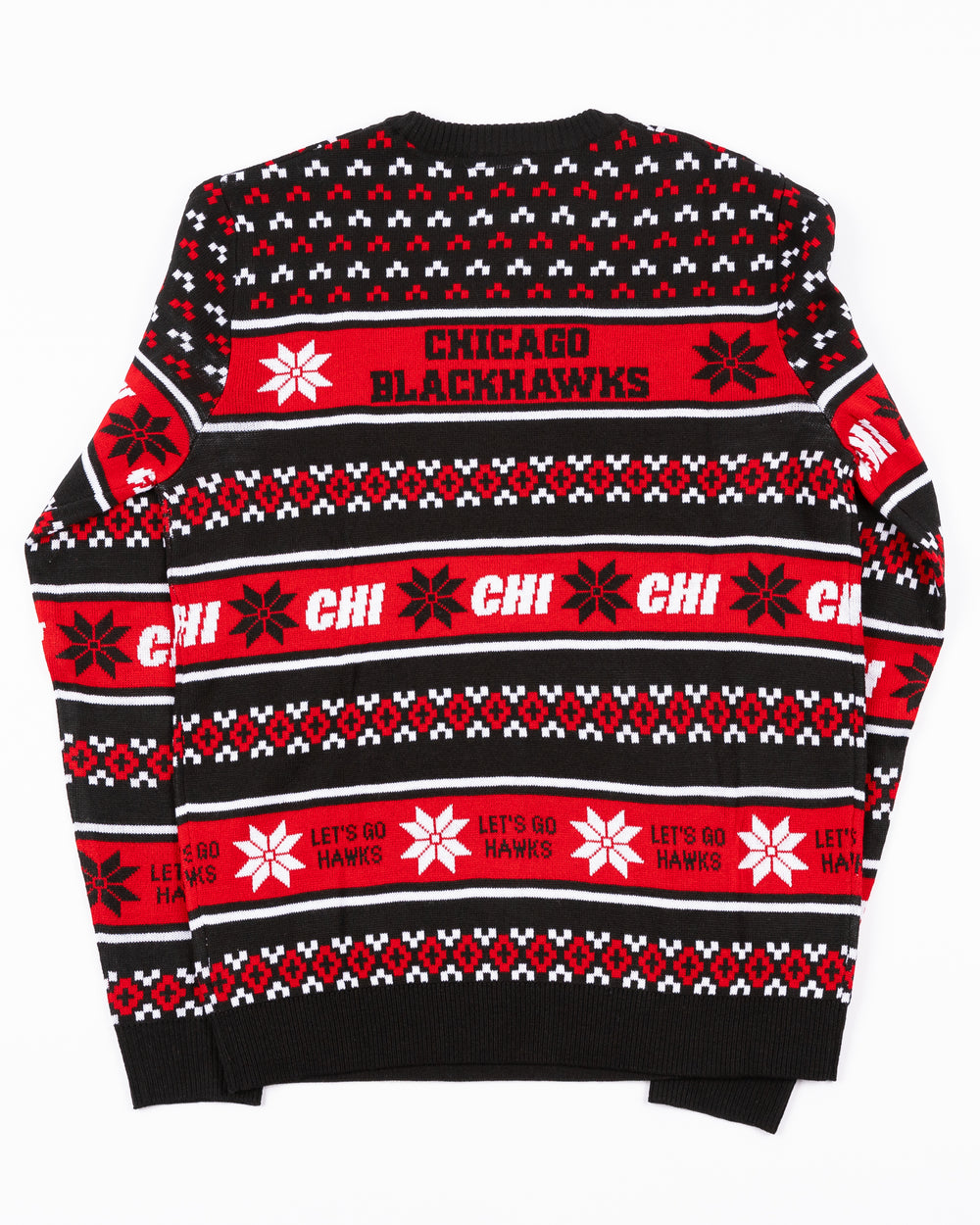 red black and white ugly Christmas sweater with Chicago Blackhawks design throughout - back lay flat