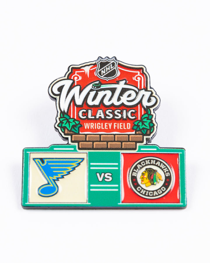 Aminco pin with Chicago Blackhawks vs St. Louis Blues Winter Classic at Wrigley Field design - front lay flat